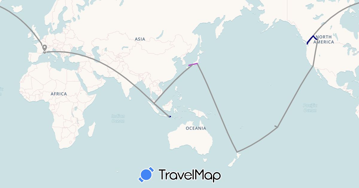 TravelMap itinerary: driving, plane, train, boat in Canada, France, Indonesia, Japan, Malaysia, New Zealand, French Polynesia, Singapore, United States (Asia, Europe, North America, Oceania)